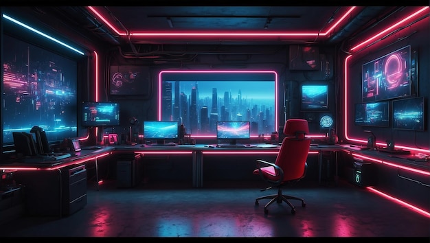 Interior wall of a cyberpunk office fututistic neons simple decoration multi color matrice