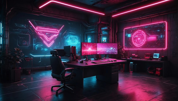 Interior wall of a cyberpunk office fututistic neons simple decoration multi color matrice