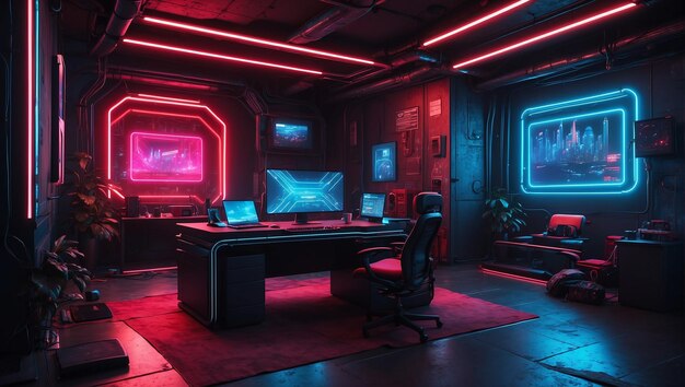 Interior wall of a cyberpunk office fututistic neons simple decoration multi color matrice