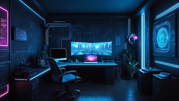 Interior wall of a cyberpunk office fututistic neons simple decoration multi color matrice