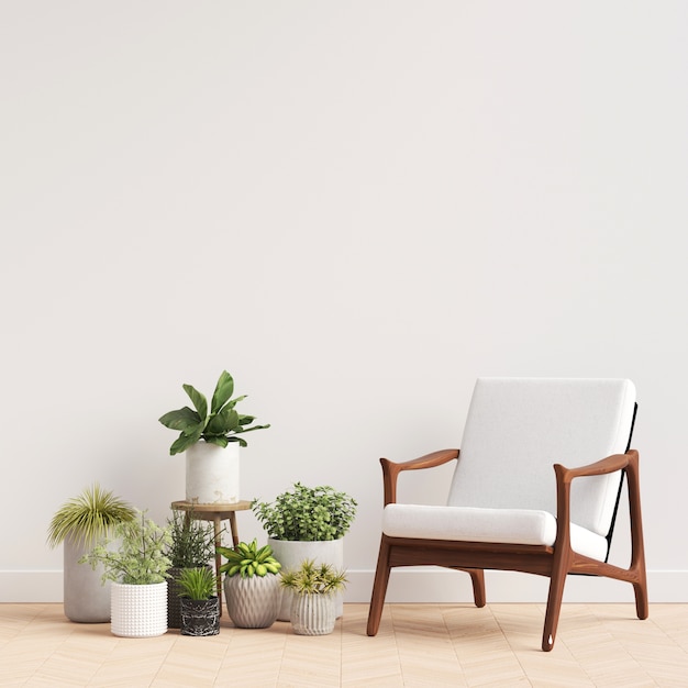 Interior Wall Gallery Mockup with Chair and Plant Decoration