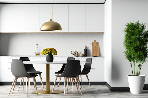 Interior wall mockup of a kitchen and dining area on a white background