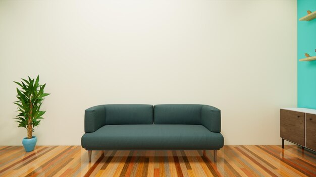 Interior wall mockup with sofa in living room with empty white wall background3d rendering