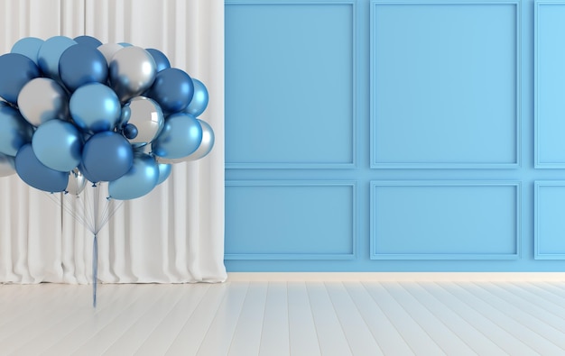 Interior walls with bunch of balloons and curtains  interior mock up Blue and white colors