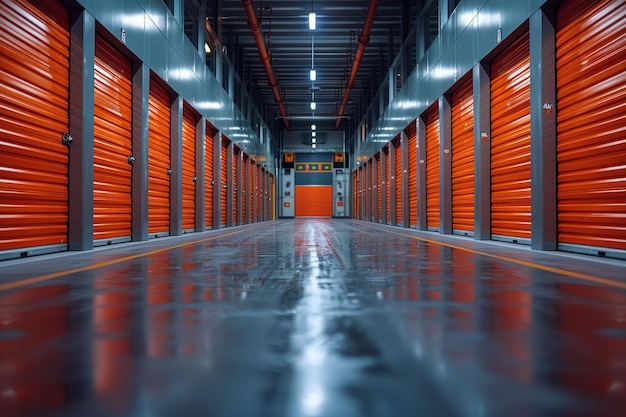 Interior of warehouse company with orange gate storage boxes and corridors for personal rent