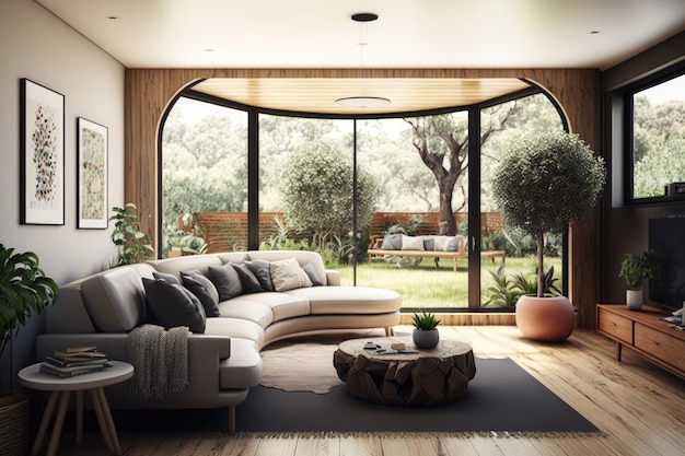 Interior of a well designed home39s living room with garden views