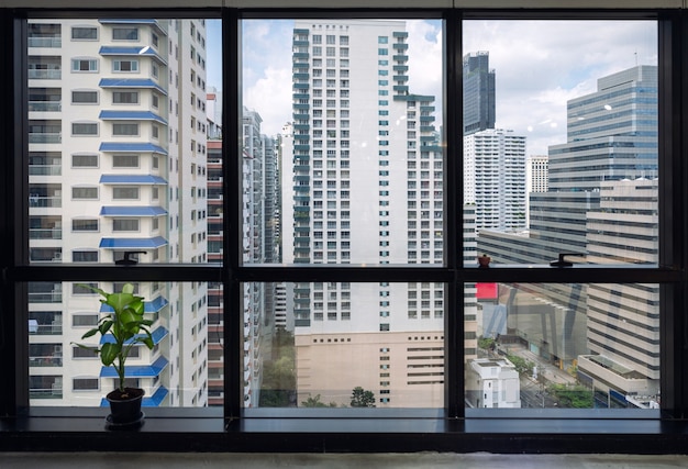 Interior of window office and crowded building in downtown at business district