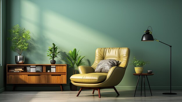 Interior with Armchair Against Empty Green Wall