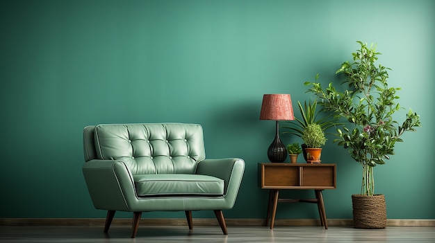 Interior with Armchair Against Empty Green Wall