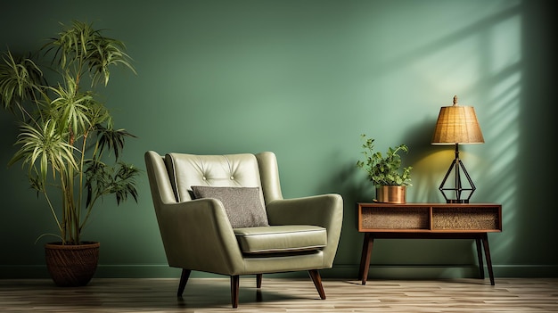 Interior with Armchair Against Empty Green Wall