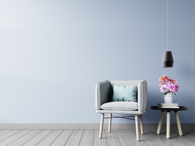 Interior with armchair lamp and green plants on dark wall background 