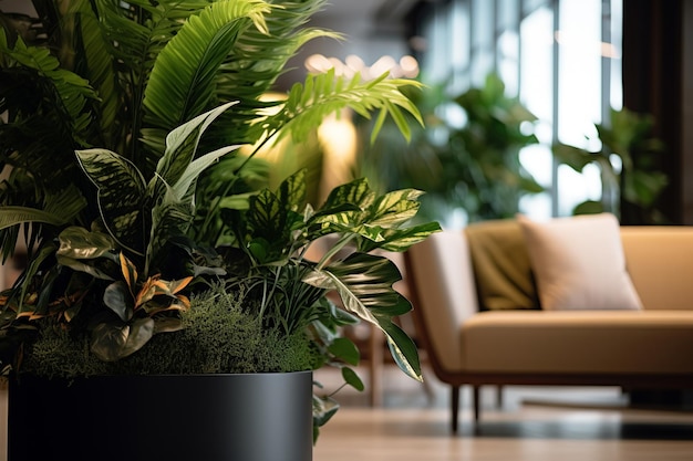 Interior with biophilic design featuring natural light plants and materials