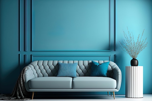 Interior with couch in living room against blank blue wall