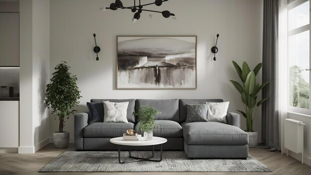 Interior with gray sofa in living room with white wall 3d rendering