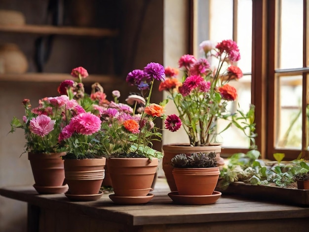 Photo interior with homemade flowers in pots