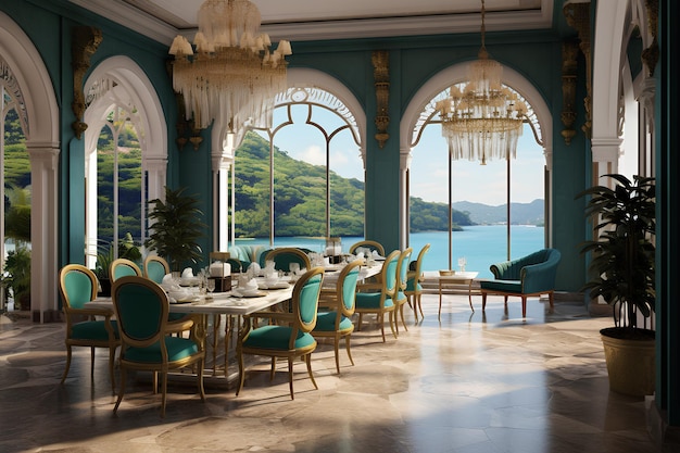 An Interior with Ocean Views of a Blue Dining Room