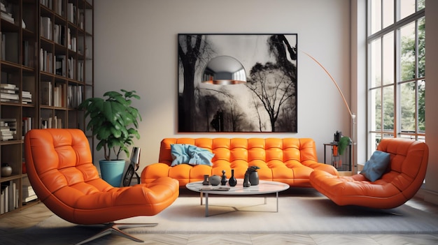 Interior with orange sofa in modern living room