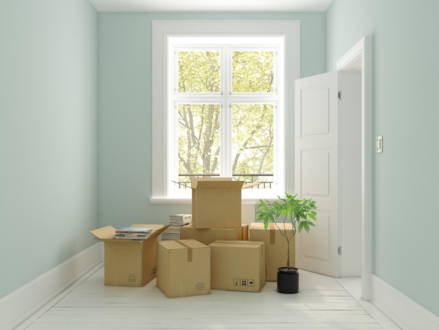 Interior with packed cardboard boxes for relocation 3D rendering