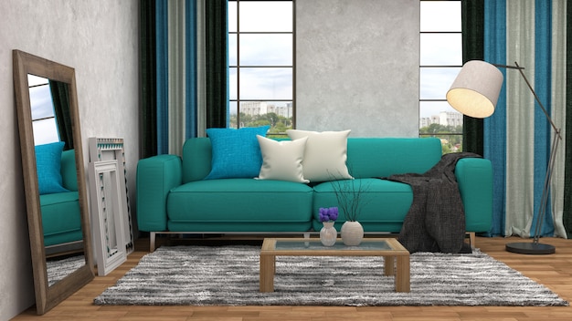 Interior with sofa. 