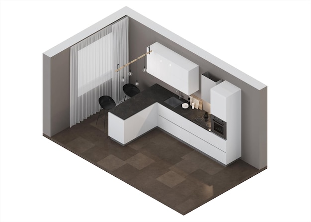 Interior with a white modern kitchen and a breakfast bar. Interior in orthogonal projection. View from above. 3D rendering.