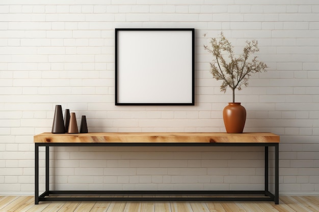 Interior with wooden table candlesticks and square blank frame for poster mockup Generative AI