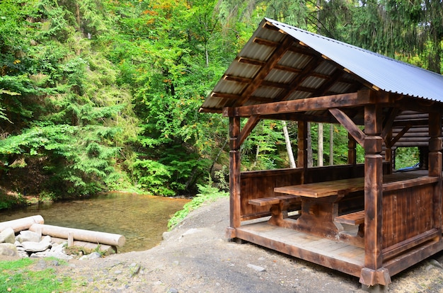 Interior of a wooden arbor handmade from dark wood in the woodland