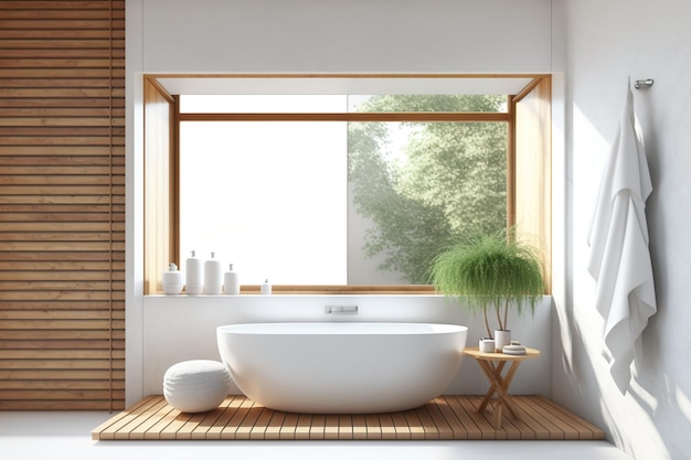 Interior of a wooden bathroom with a white tub a towel draped over it and a sizable window a mockup