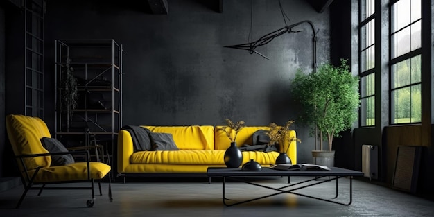 Interior of yellow and black living room of modern apartment