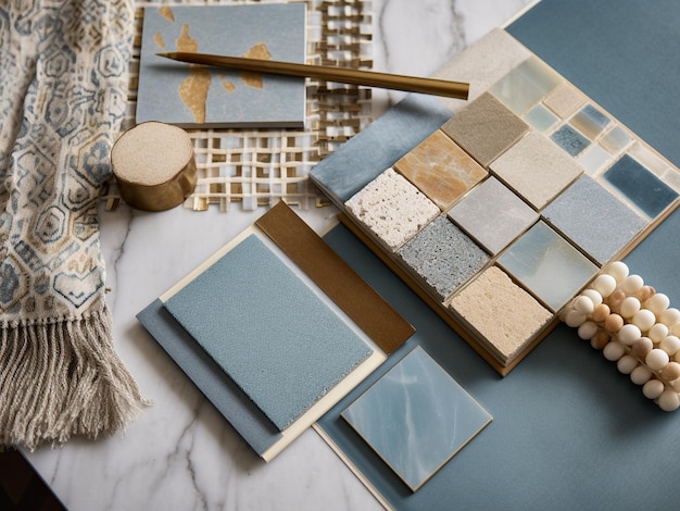 Photo an interiors mood board that shows carpet and tile samples with a focus on a light blue feature color accented generative ai