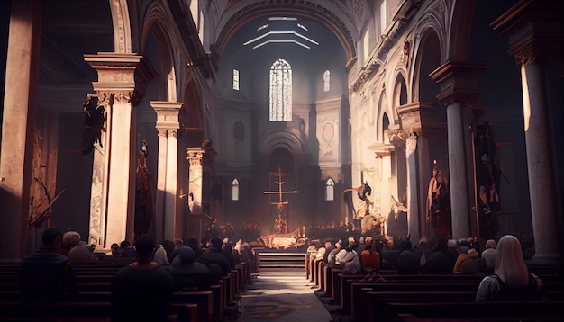 Internal of the Christ Church and people praying seen from behind