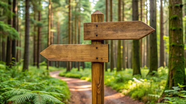 Internal external text carved on wooden signpost outdoors in nature Green soft forest bokeh in the background