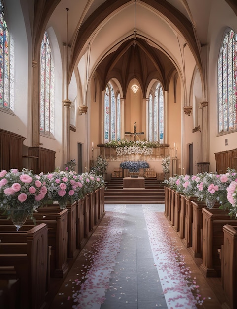 internal image of a church prepared for a wedding or religious event