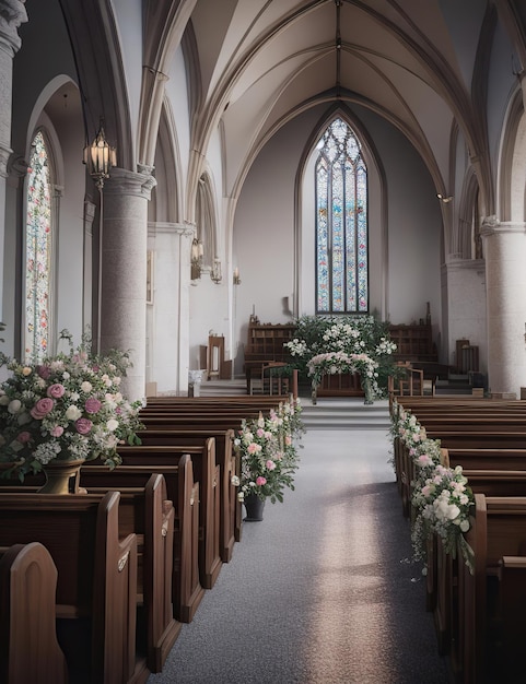 internal image of a church prepared for a wedding or religious event