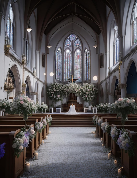 internal image of a church prepared for a wedding or religious event