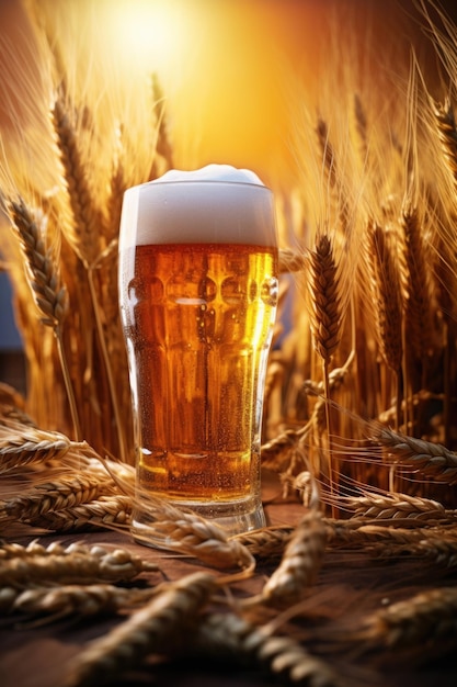 International beer day background A glass of beer surrounded by wheat and coarse grains