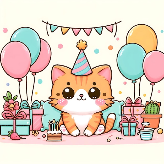 Photo international cat day a cartoon cat sits in front of a birthday cake with a birthday hat on it