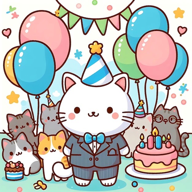 Photo international cat day a cartoon cat with balloons and a birthday cake with a cat and a birthday cake