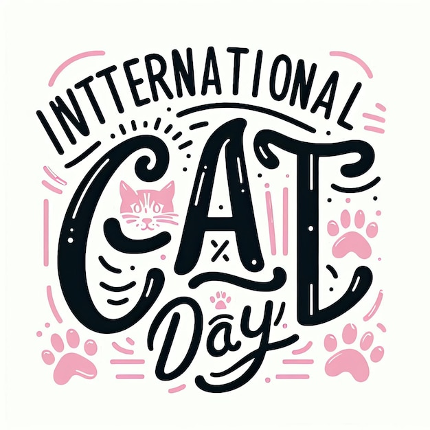 International Cat Day quote Hand drawn vector logotype with lettering typography with cat paws isolated on white background Illustration with slogan for clothe print banner badge poster sticker