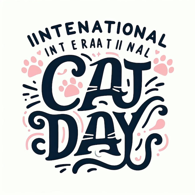 International Cat Day quote Hand drawn vector logotype with lettering typography with cat paws isolated on white background Illustration with slogan for clothe print banner badge poster sticker