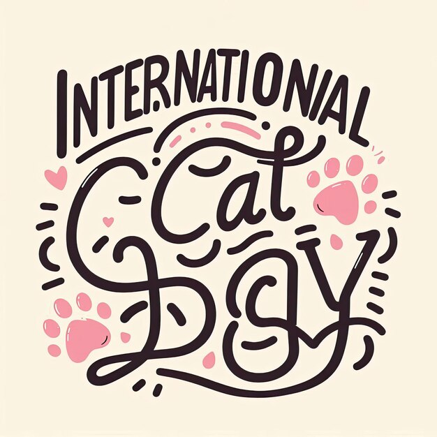 International Cat Day quote Hand drawn vector logotype with lettering typography with cat paws isolated on white background Illustration with slogan for clothe print banner badge poster sticker