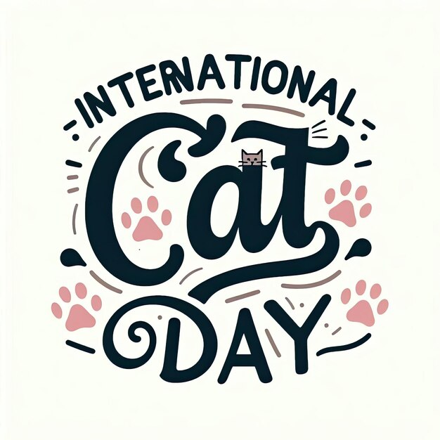 International Cat Day quote Hand drawn vector logotype with lettering typography with cat paws isolated on white background Illustration with slogan for clothe print banner badge poster sticker