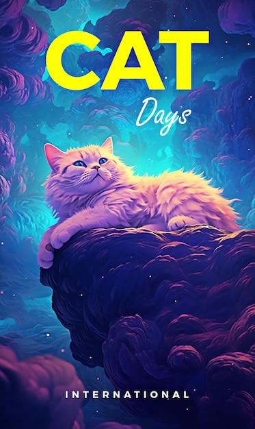 International cat day with Beautiful Cat on Psychedelic Landscape