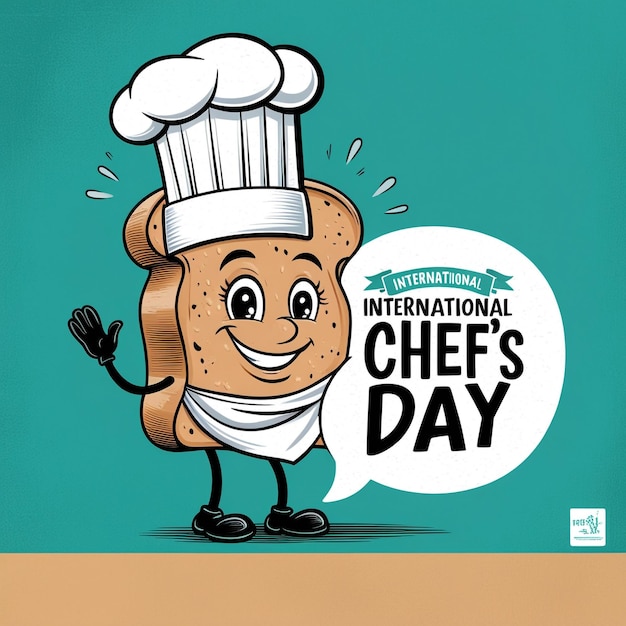 Photo international chef day greeting card or banner with vector funny cartoon chef bread with cheaf hat isolated on grunge turquoise background