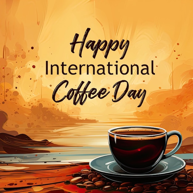 International coffee day background with coffee cup and grains