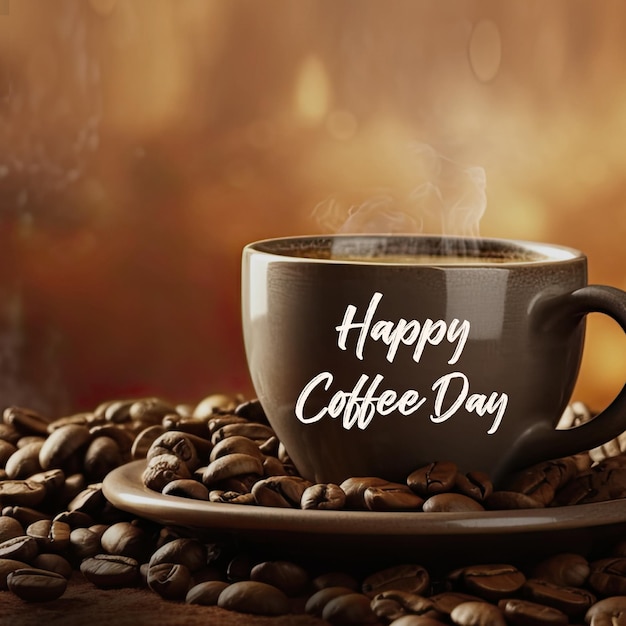 International coffee day background with coffee cup and grains