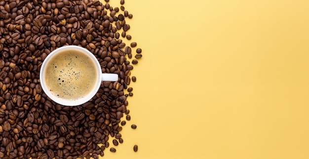 International coffee day a cup of Arabica coffee beans on a yellow background