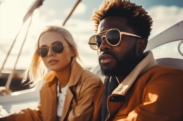 International couple on yacht enjoying the sea trip