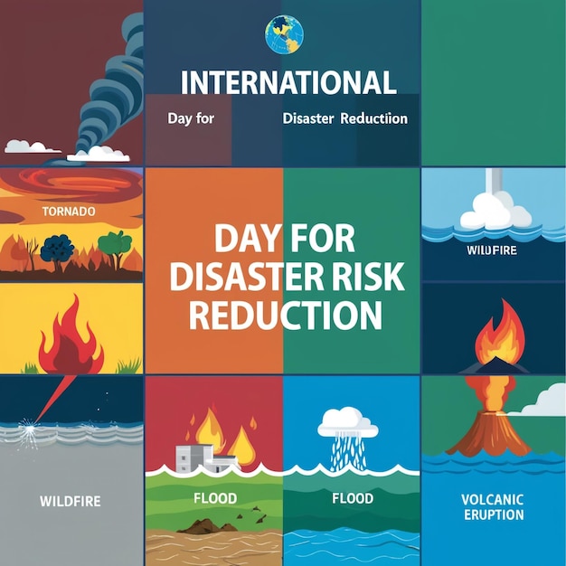 Photo international day for disaster reduction 13 october cyclone volcano fire natural disaster conceptual illustration vector