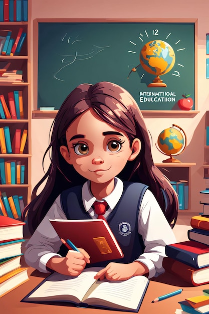 International day of education in cartoon style with girl student