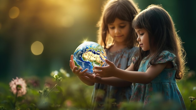 For the international day of peace two young girls hold onto an earth globe over a blurred natural backdrop Generative AI